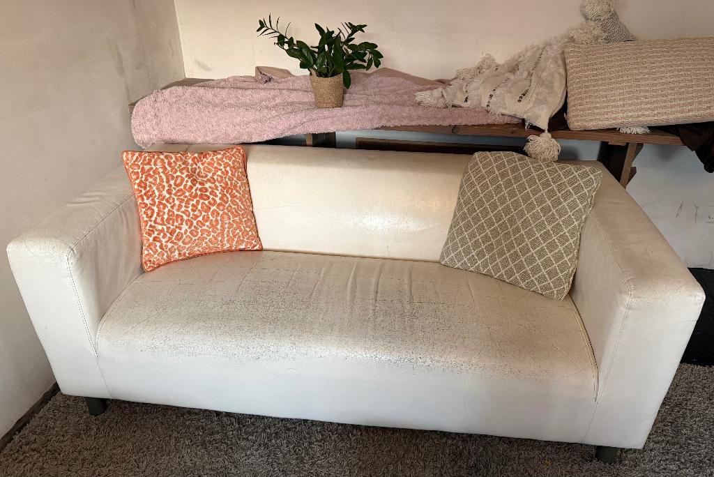 Craquelé vintage wit lederen 2-zitsbank *VEGAN*, Ophalen, Gebruikt, Hout, 150 tot 200 cm