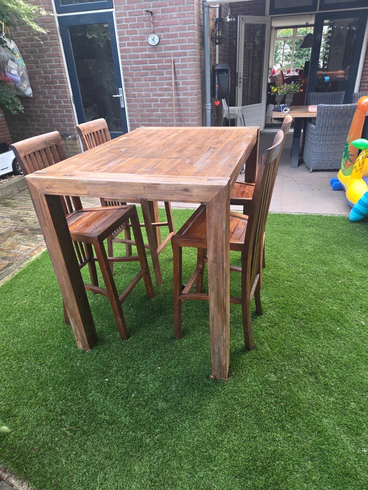 Houten bartafel met 4 barkrukken, Ophalen, Gebruikt, 90 cm of meer, 4 krukken