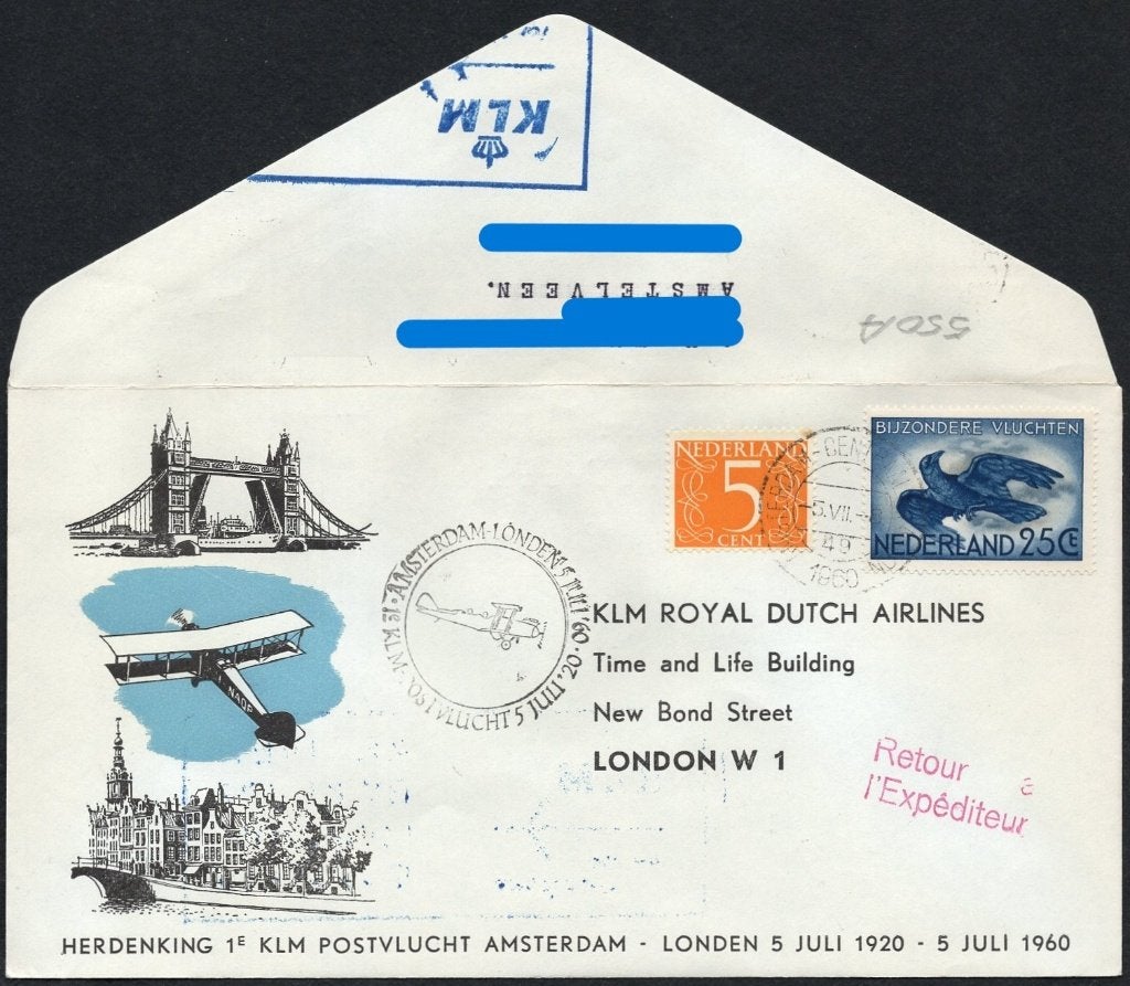 herdenking 1e KLM postvlucht Amsterdam - Londen 1920-1960, Postzegels en Munten, Brieven en Enveloppen | Nederland, Verzenden
