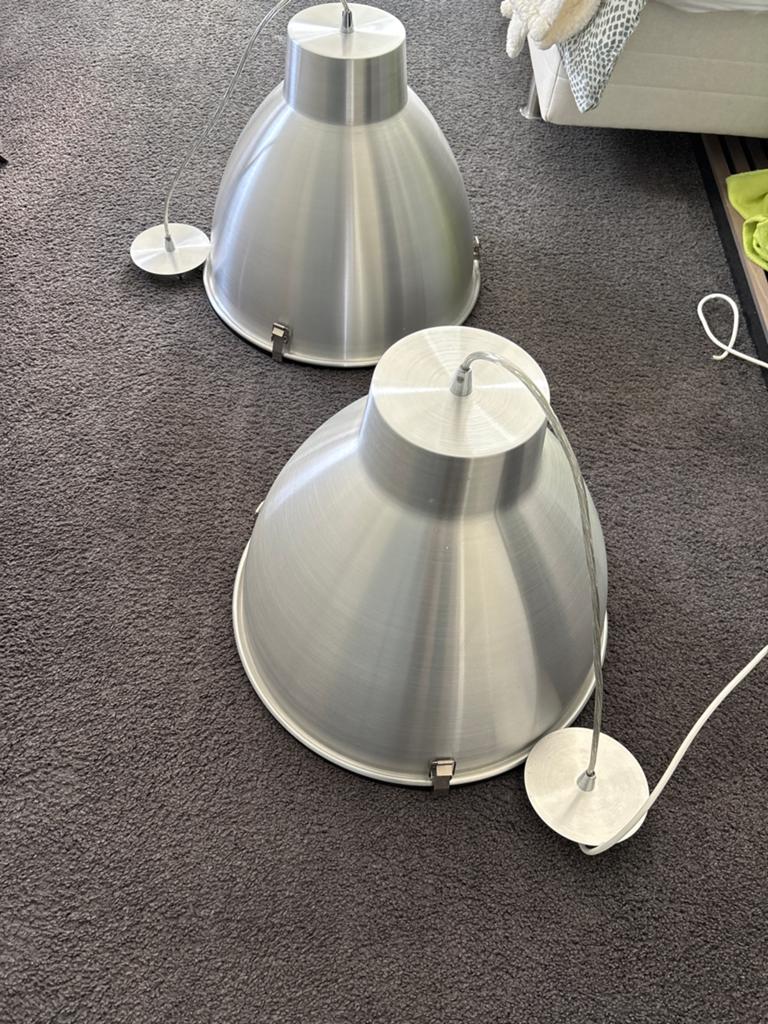 Set van 2 grote industriële hanglampen, geborsteld metaal, Ophalen of Verzenden, Zo goed als nieuw, Metaal, Minder dan 50 cm