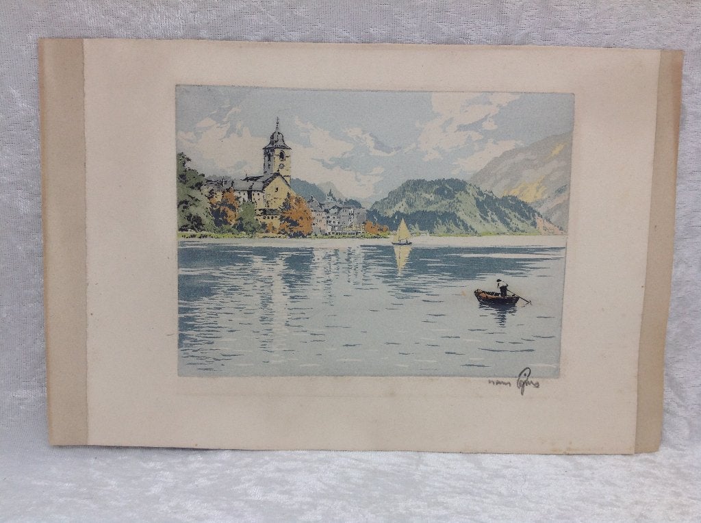 Aquatint kleurenets "Am See" van Hans Figura, Antiek en Kunst, Origineel, 1950 - 1999, Ets, 17 cm