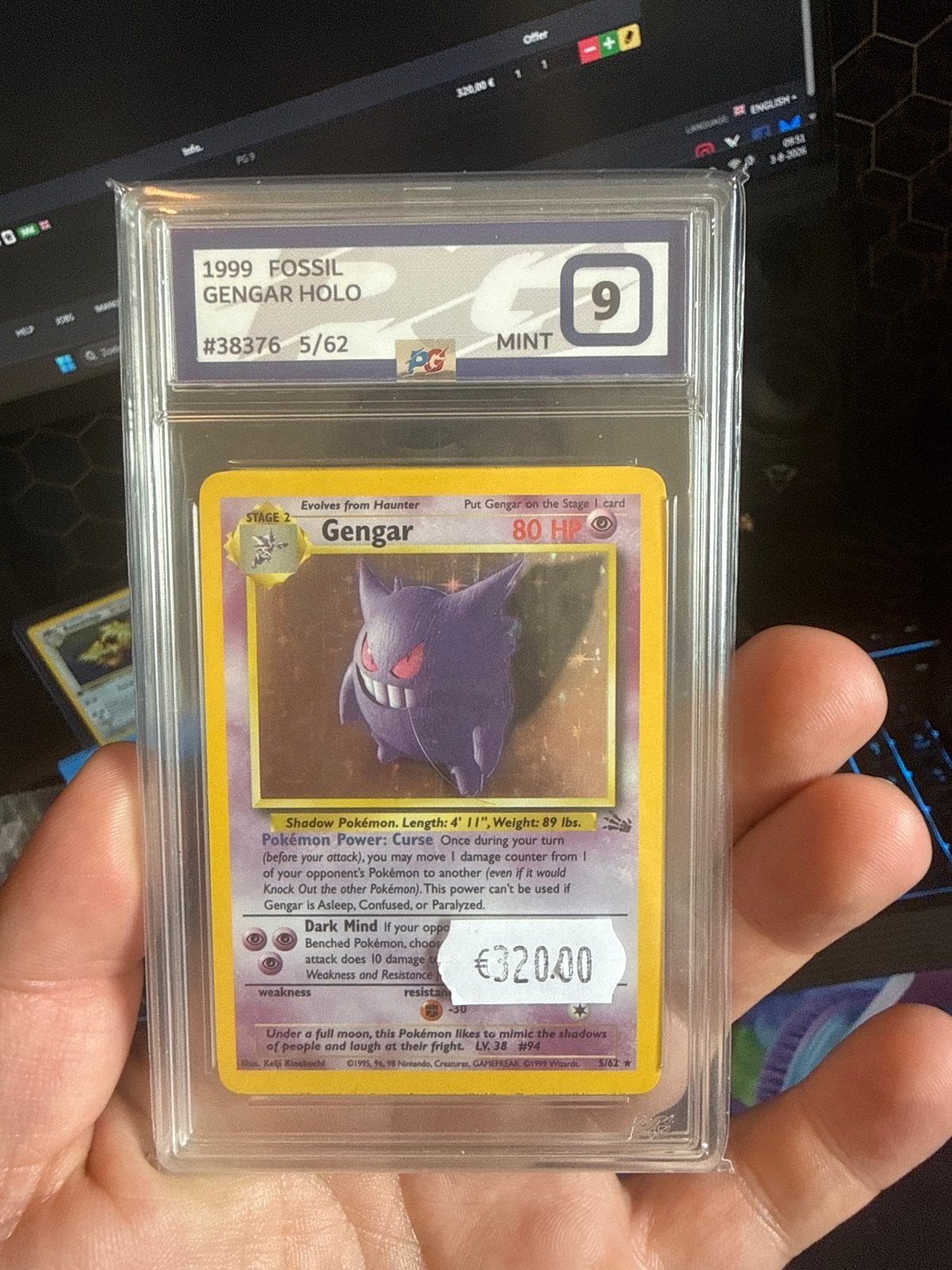 1999 Fossil Gengar Holo Pokémon Kaart PSA 9 Mint, Ophalen of Verzenden, Zo goed als nieuw, Losse kaart, Foil