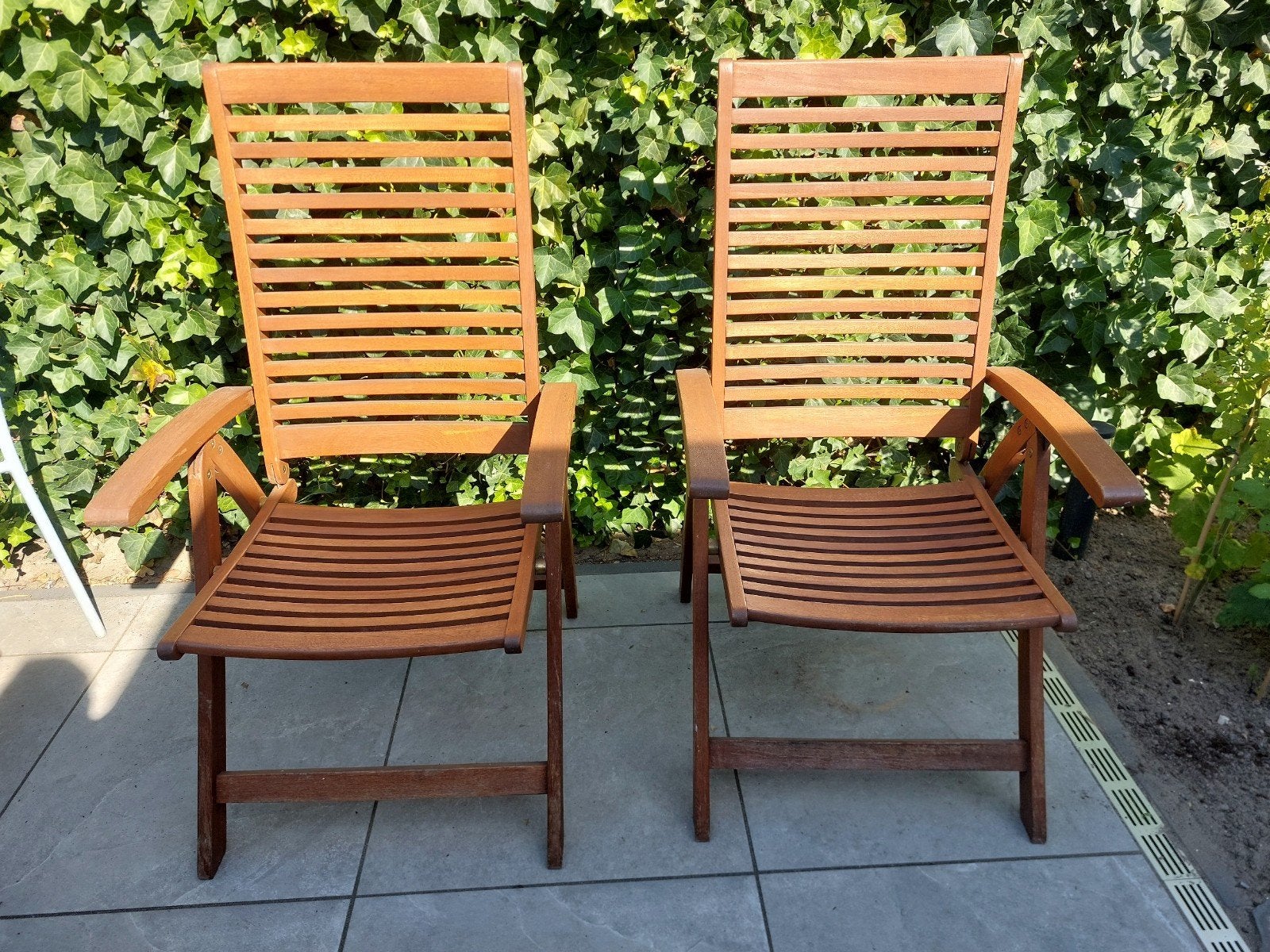 2x Teakhouten tuinstoelen met kussens, inklapbaar, Ophalen, Gebruikt, Teakhout, Inklapbaar