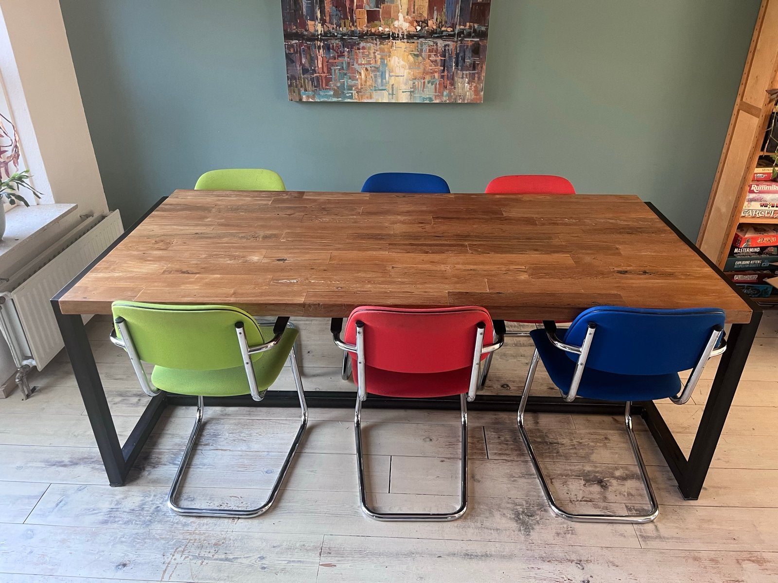 Robuuste eettafel met houten blad en metalen frame, Huis en Inrichting, Ophalen, Gebruikt, 200 cm of meer, 50 tot 100 cm