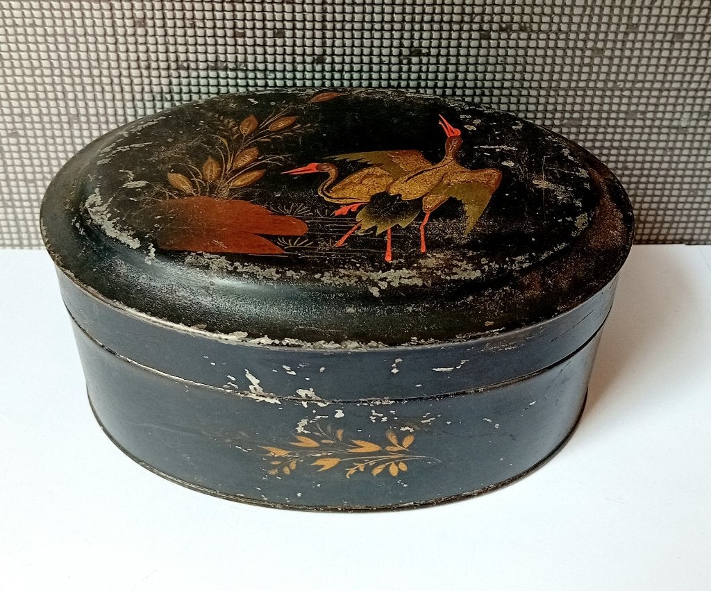 oude antiek oval theeblik met ooievaars, Verzenden, Gebruikt, Overige