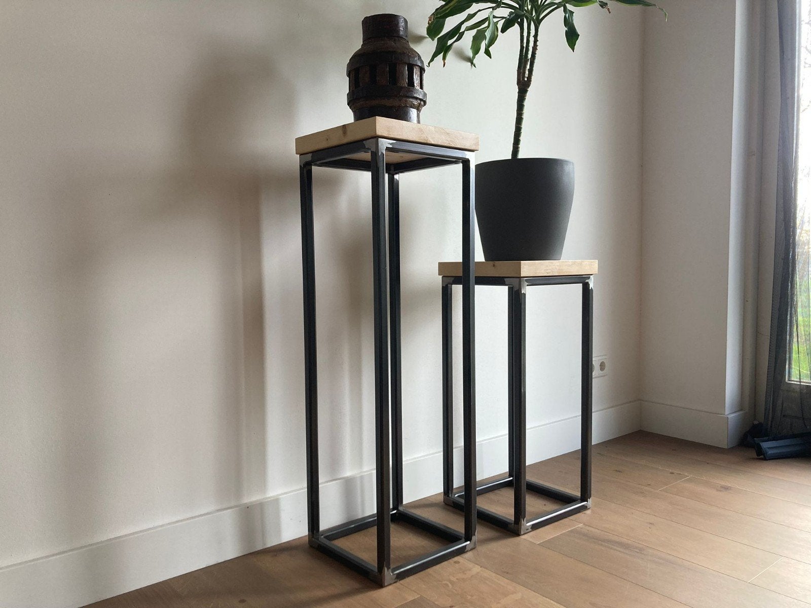 Metalen zuilen met houten blad, 2 stuks, 100 & 70 cm, Ophalen, Nieuw