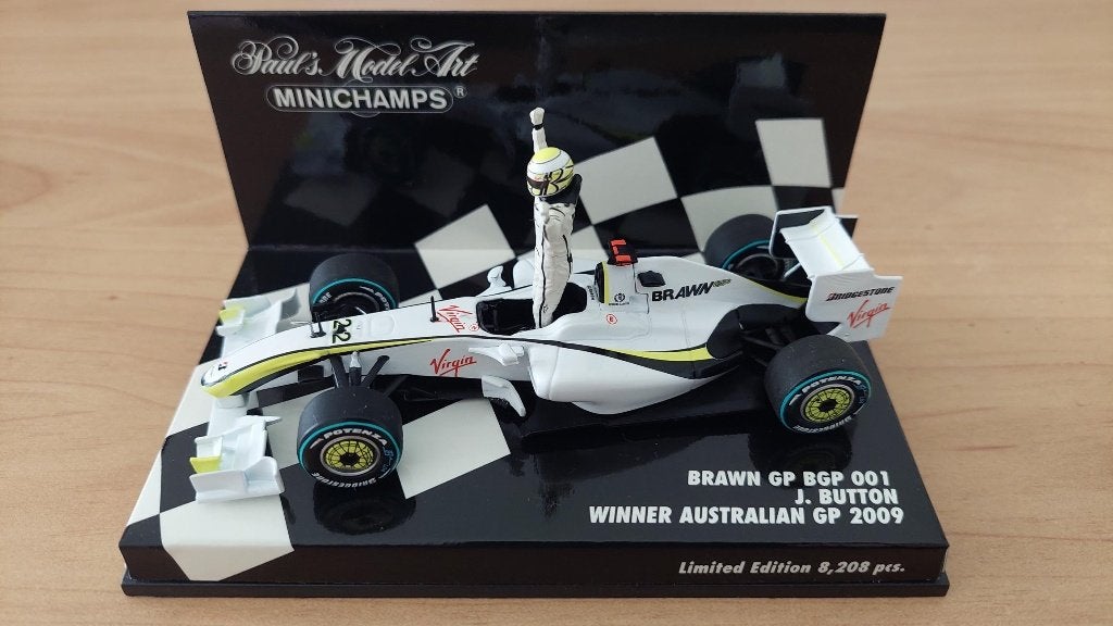 Brawn GP BGP001 - J. Button - Minichamps 1:43, Ophalen of Verzenden, Zo goed als nieuw, Auto, MiniChamps