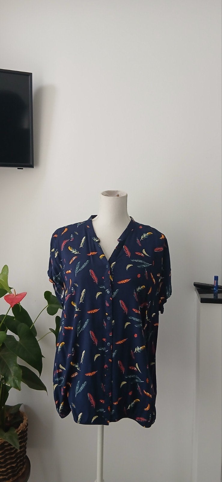 Trendy Blouse met Veren Patroon - John Baner Maat 48, Blauw, John Baner, Maat 46/48 (XL) of groter, Nieuw