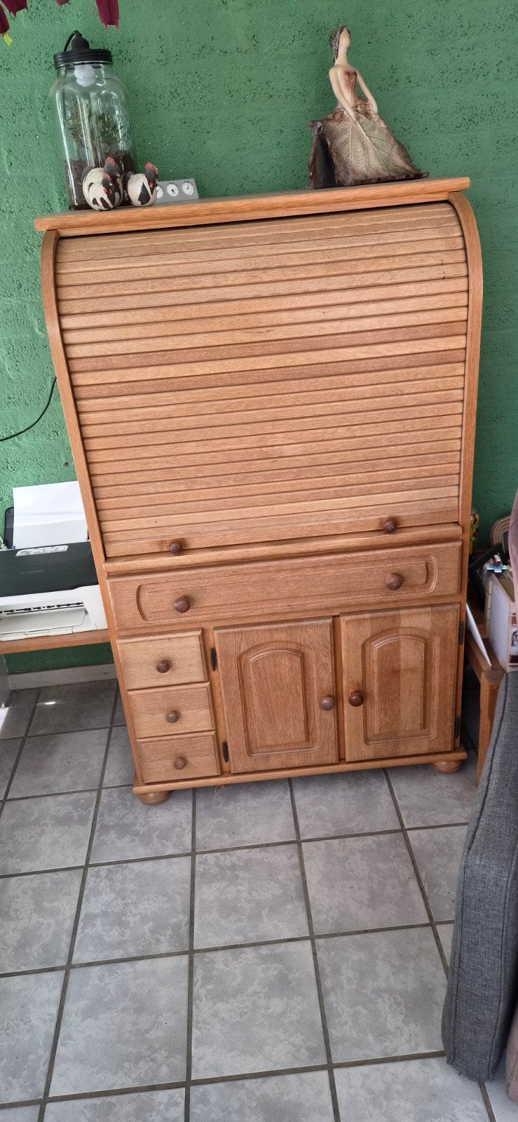 Eikenhouten rolluikbureau met opbergruimte, Ophalen, Gebruikt, 70 tot 120 cm, Klassiek, Landelijk