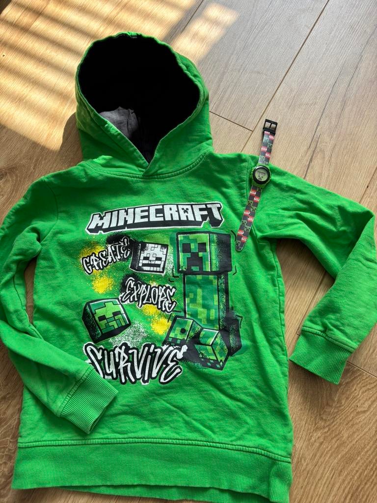Minecraft hoody trui mt 128 met horloge, Ophalen of Verzenden, Zo goed als nieuw, Jongen, Trui of Vest