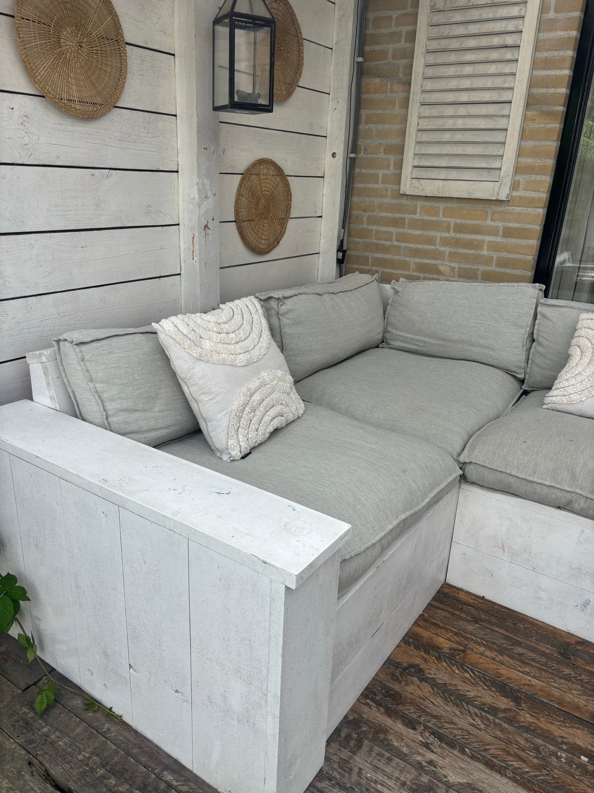 Steigerhouten Hoekbank met Kussens - Wit Geverfd, Ophalen, 250 tot 300 cm, Gebruikt, Hoekbank