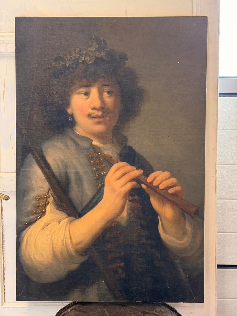Rembrandt als herder met staf en fluit. Op hout, Antiek en Kunst, Kunst | Schilderijen | Klassiek, Ophalen of Verzenden