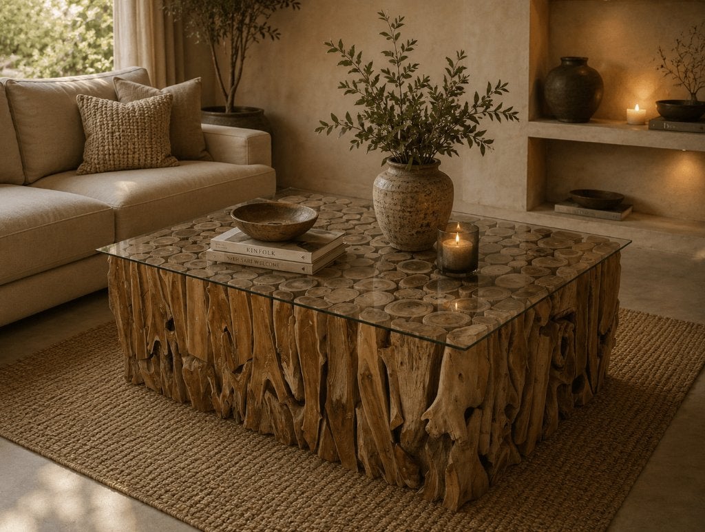 robuuste  salontafel met glasplaat, Huis en Inrichting, Tafels | Salontafels, 100 tot 150 cm, Glas, Nieuw, 50 tot 100 cm