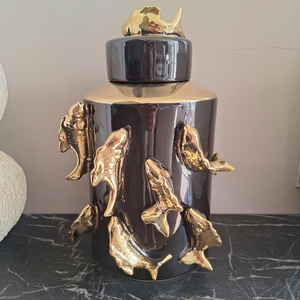 3d zwart met gouden vissen pot jar voorraadpot chique, Overige materialen, Pot, Bus of Blik, Nieuw, Ophalen of Verzenden