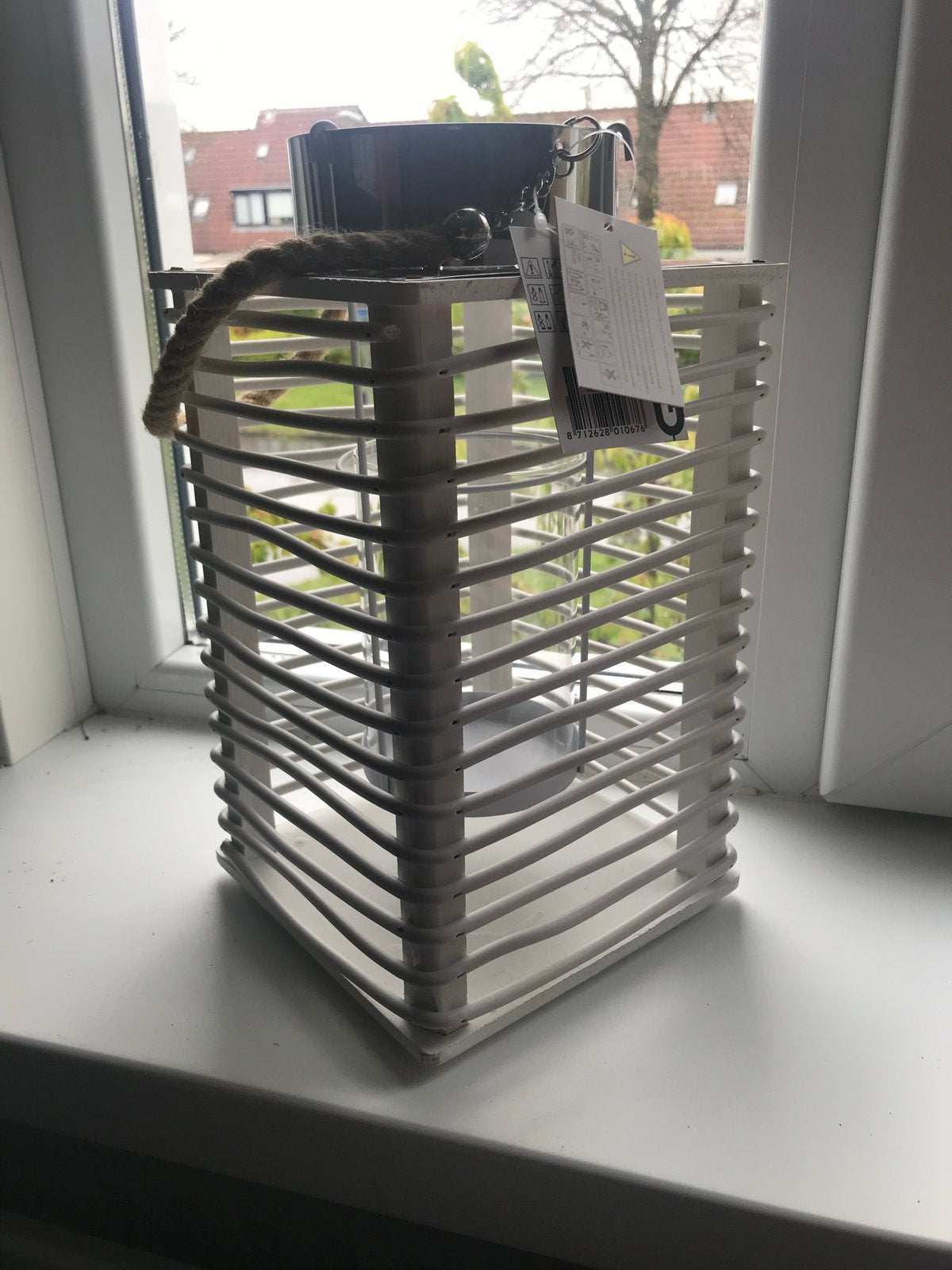 Wit houten windlicht met zandkleurig touw en glazen houder, Windlicht, Wit, Nieuw, Ophalen of Verzenden