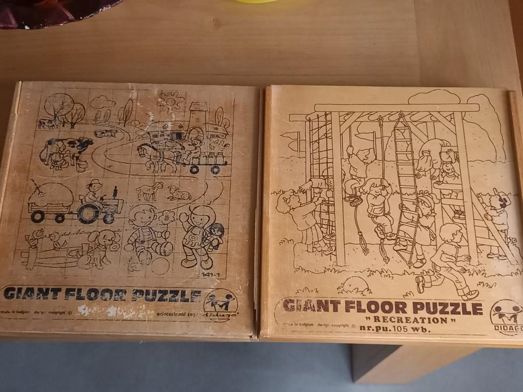 2 ANTIEKE HOUTEN DIDAGO GIANT FLOOR ( BELGIË) PUZZLE BOXEN M, Ophalen of Verzenden