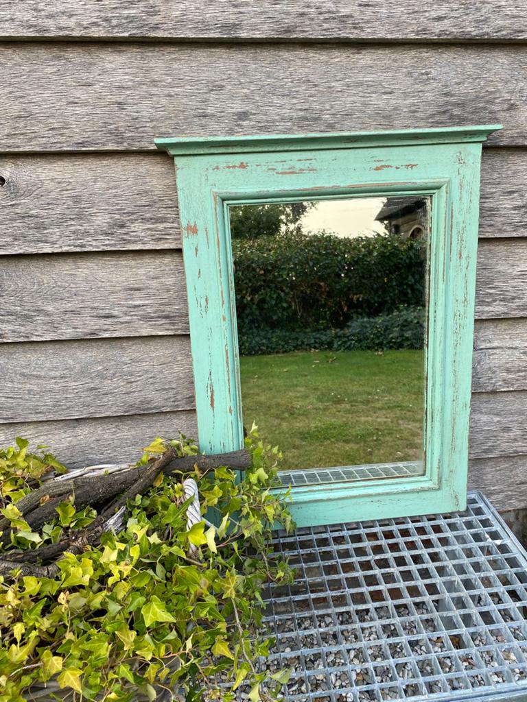 Brocante oude houten spiegel, in sleets groen, Ophalen, Rechthoekig