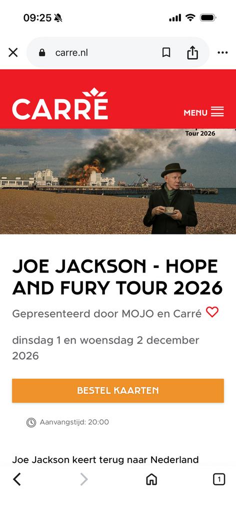 Joe Jackson concert 2 december  in Carre 2x loge zitplaatsen, Twee personen, Overige soorten