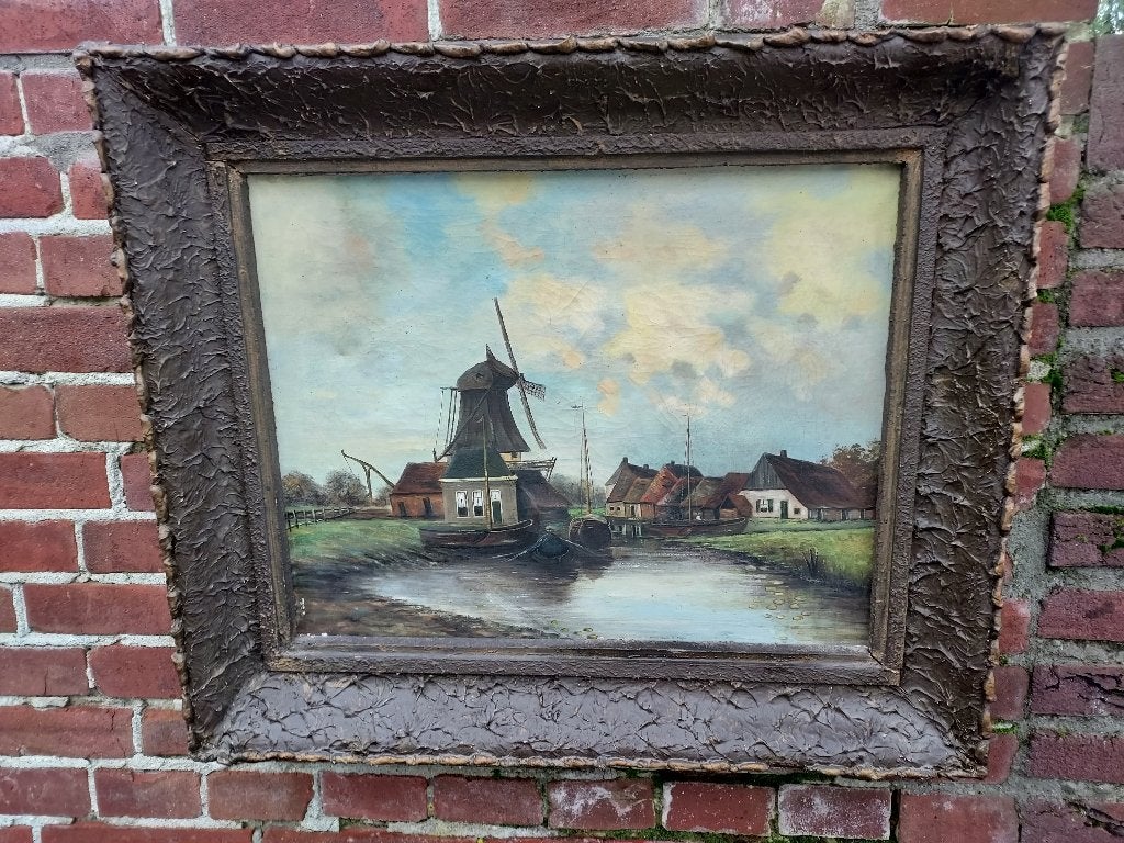 Schilderij landschap met molen aan de vaart., Antiek en Kunst, Ophalen, Nederlandse school, Doek, Origineel werk