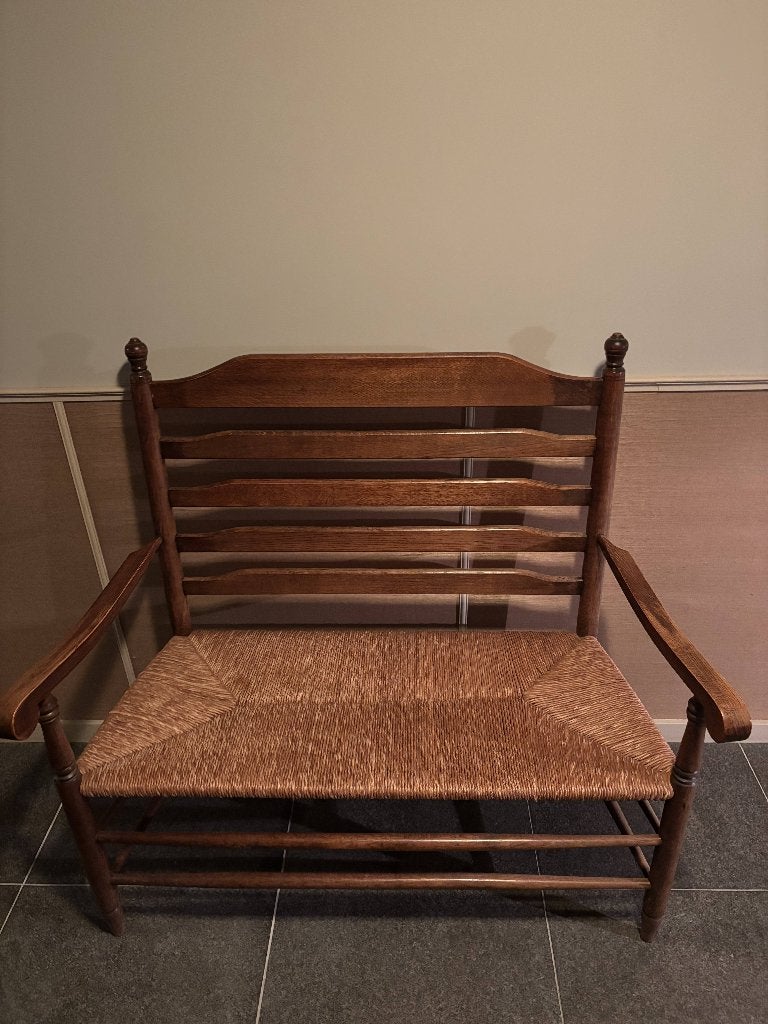 Vintage houten bankje met rieten zitting, Ophalen, Gebruikt, Minder dan 75 cm, Tweepersoons