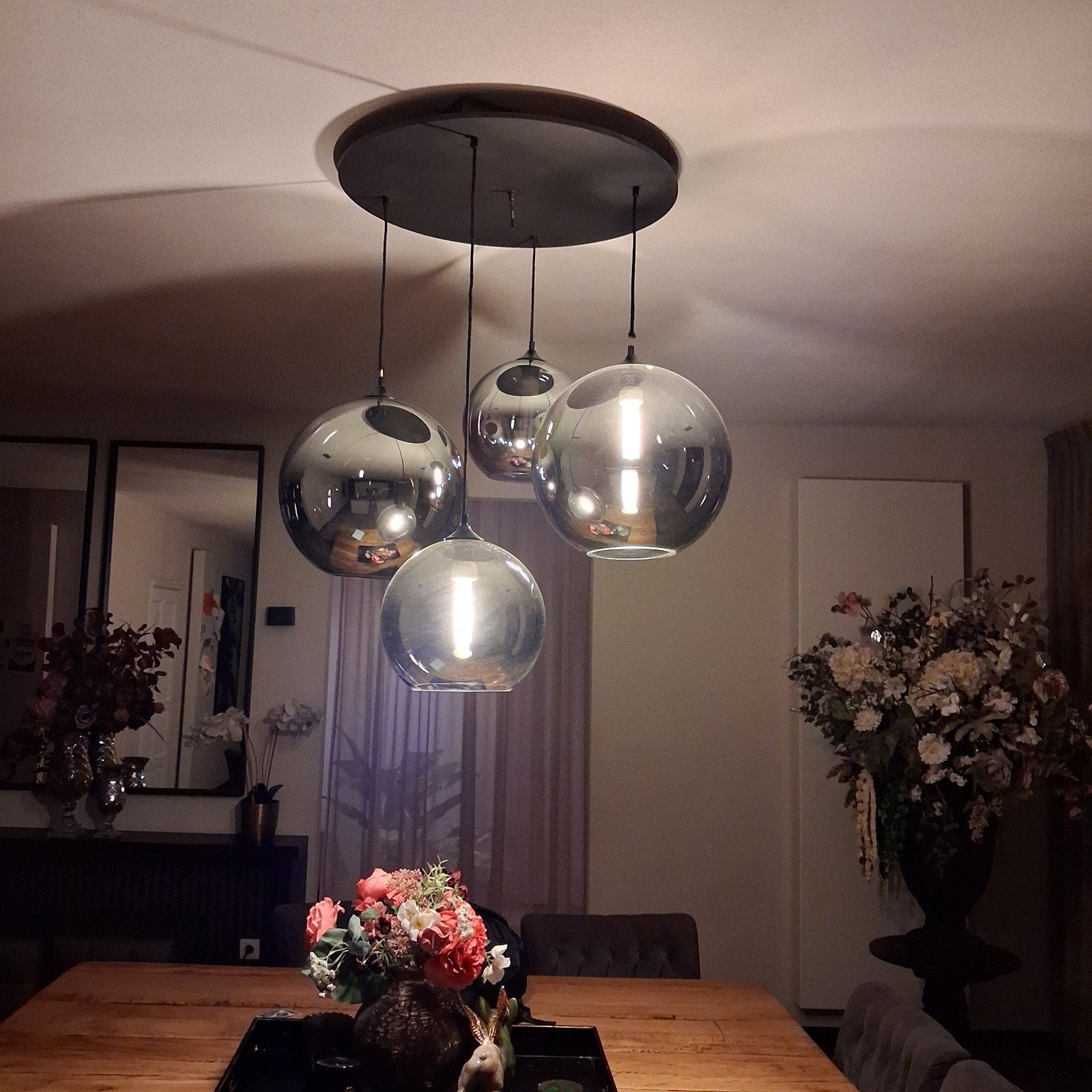Moderne hanglamp met 4 glazen bollen - bolvormige lamp, Ophalen, Gebruikt, Modern, Industrieel, E27 (groot)