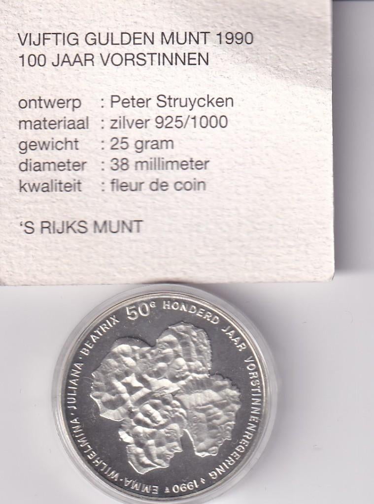 50 Gulden 1990 FDC met Kaartje in Doosje, Verzenden, Koningin Beatrix, Zilver, Losse munt