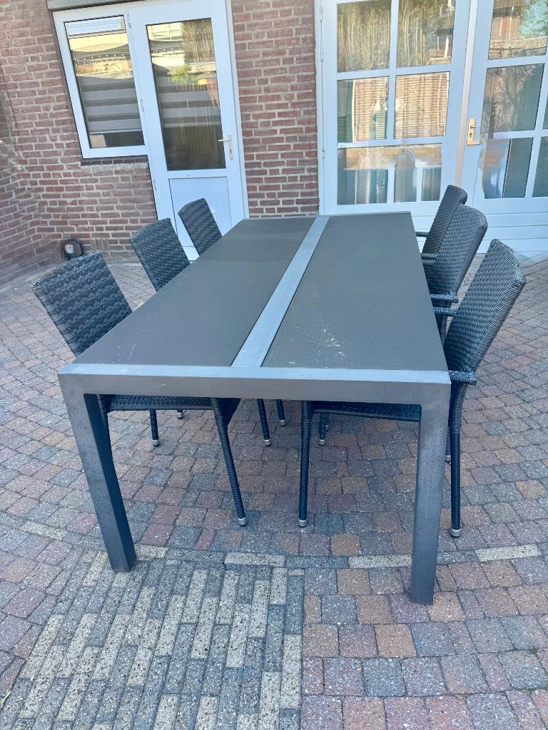 Te koop tuintafel+stoelen, Ophalen, Gebruikt, 8 zitplaatsen, Rvs