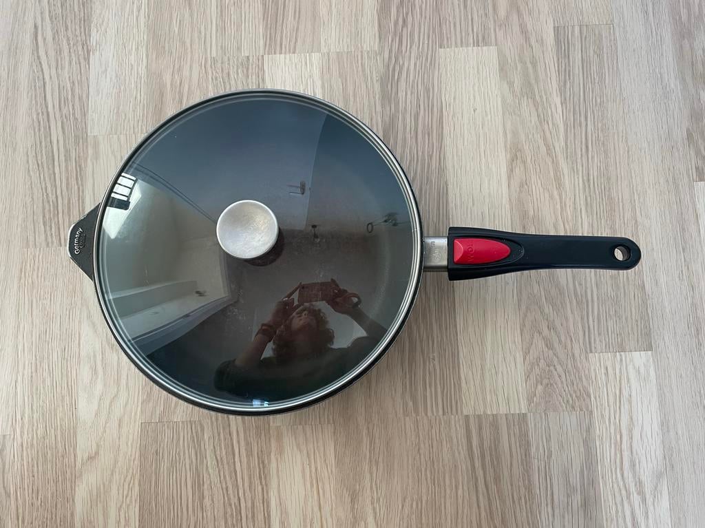 Woll koekenpan met afneembaar handvat en deksel, Ophalen of Verzenden, Gebruikt, Aluminium, Koekenpan of Braadpan