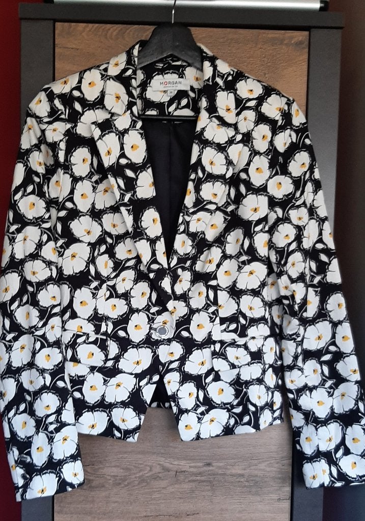 Dames Blazer - maat 38 - zwart - met bloemen geel & wit, Maat 38/40 (M), Zwart, Zo goed als nieuw, Morgan