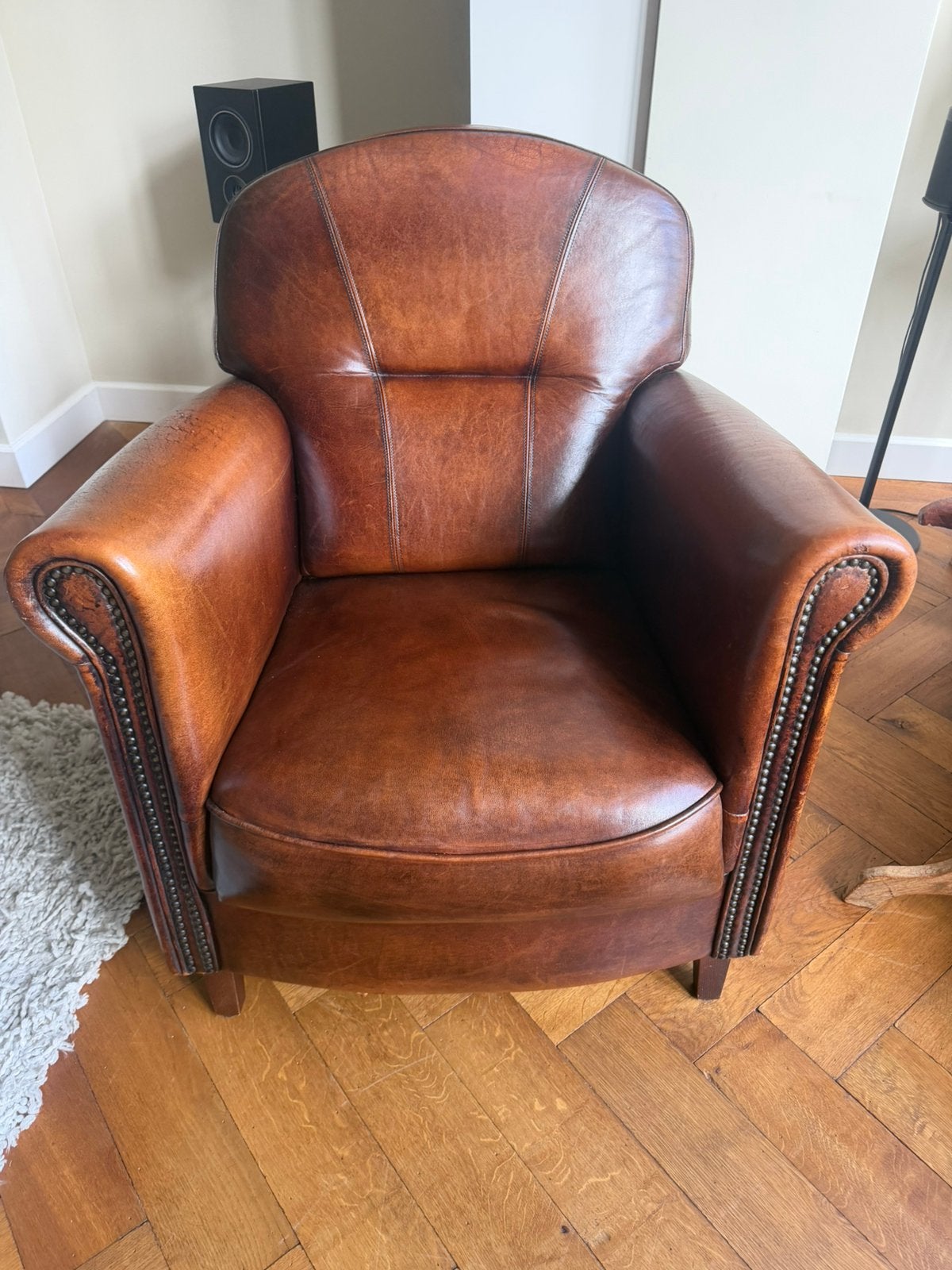 Schaapsleren fauteuil, Ophalen of Verzenden, Zo goed als nieuw, 75 tot 100 cm, 50 tot 75 cm