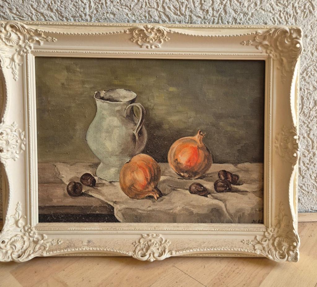 Vintage stilleven schilderij met uien en kruik, Antiek en Kunst, Kunst | Schilderijen | Klassiek, Ophalen