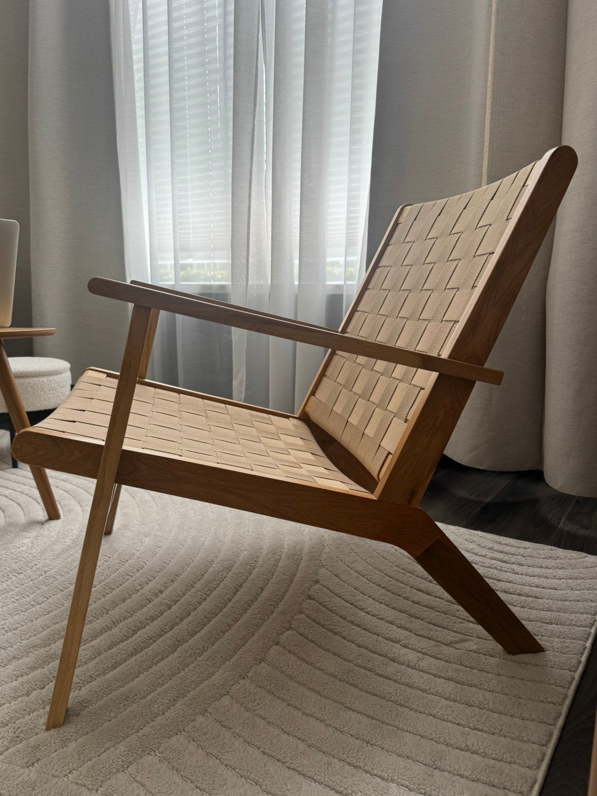 Fauteuil Japandi stijl, Huis en Inrichting, Fauteuils, Ophalen, 75 tot 100 cm, Zo goed als nieuw, Stof