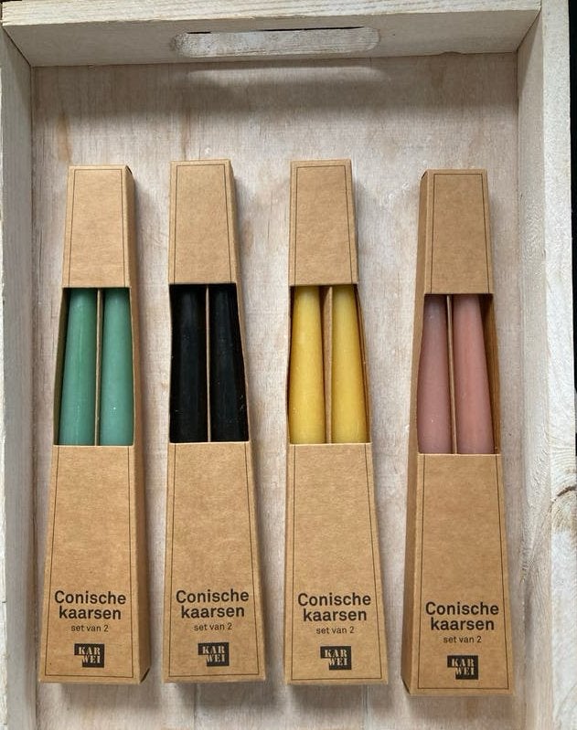 20 doosjes conische dinerkaarsen, mooie zachte kleuren, Meerkleurig, Overige merken, Ophalen of Verzenden, Kaars