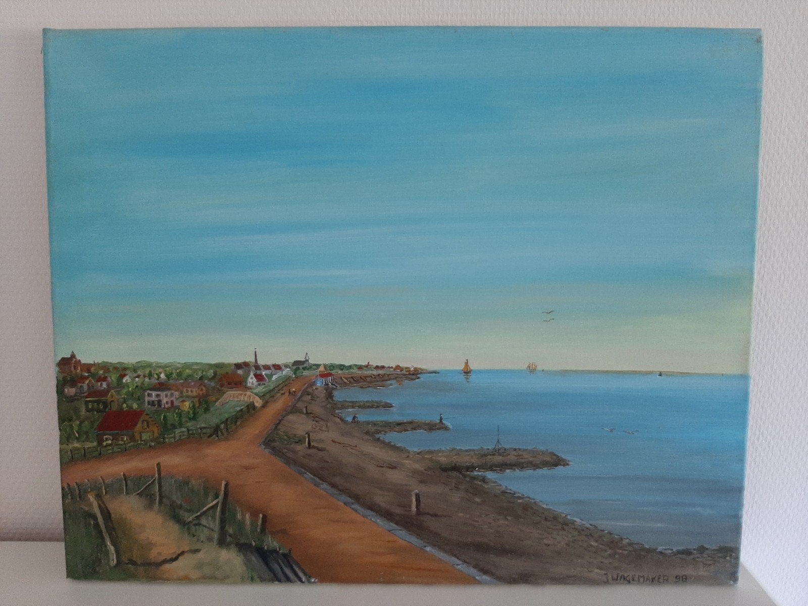 Schilderij dorpsgezicht bij de dijk, Ophalen of Verzenden, 1980 tot heden