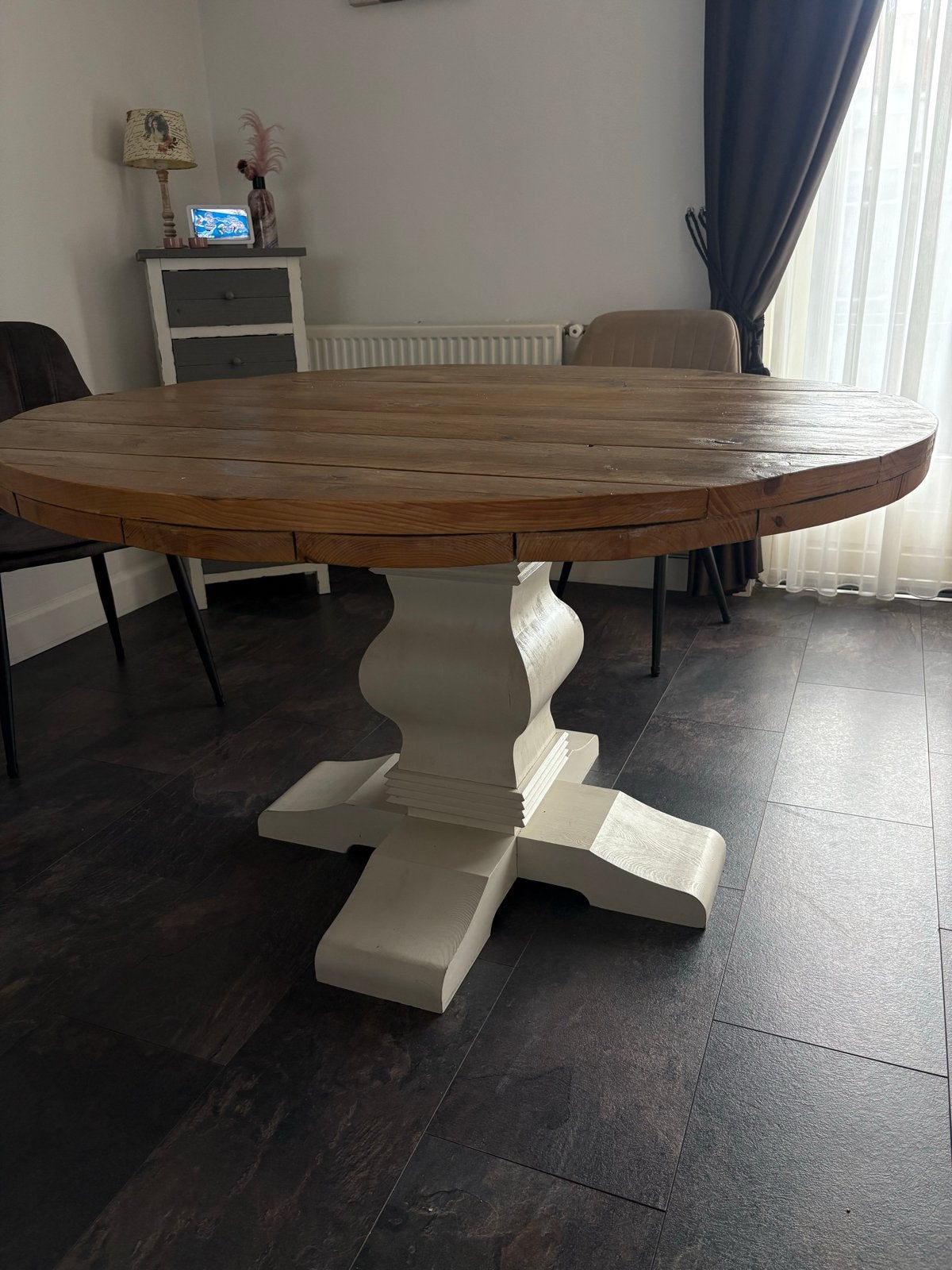 ronde eettafel met houten blad en witte poot, Huis en Inrichting, Ophalen, Gebruikt, 100 tot 150 cm, Rond