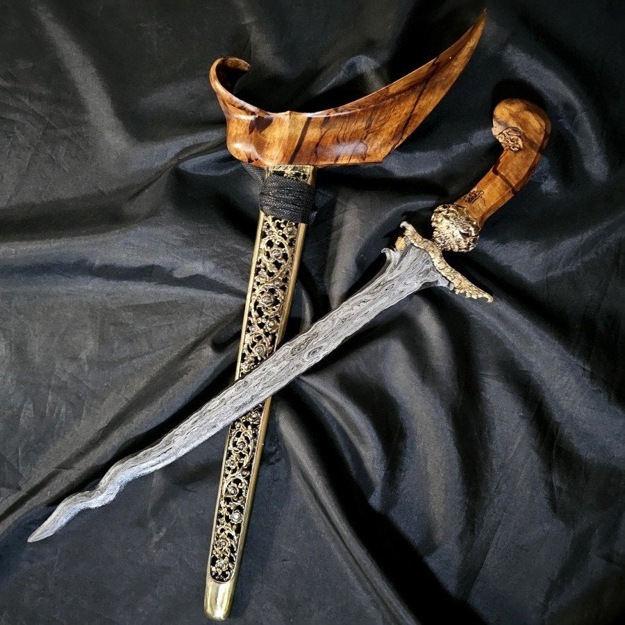 Keris Panji Caluring 5 Luk Pedaringan Kebak Kinatah KNL25, Wapen, Indonesië, Meerkleurig, Handgemaakt