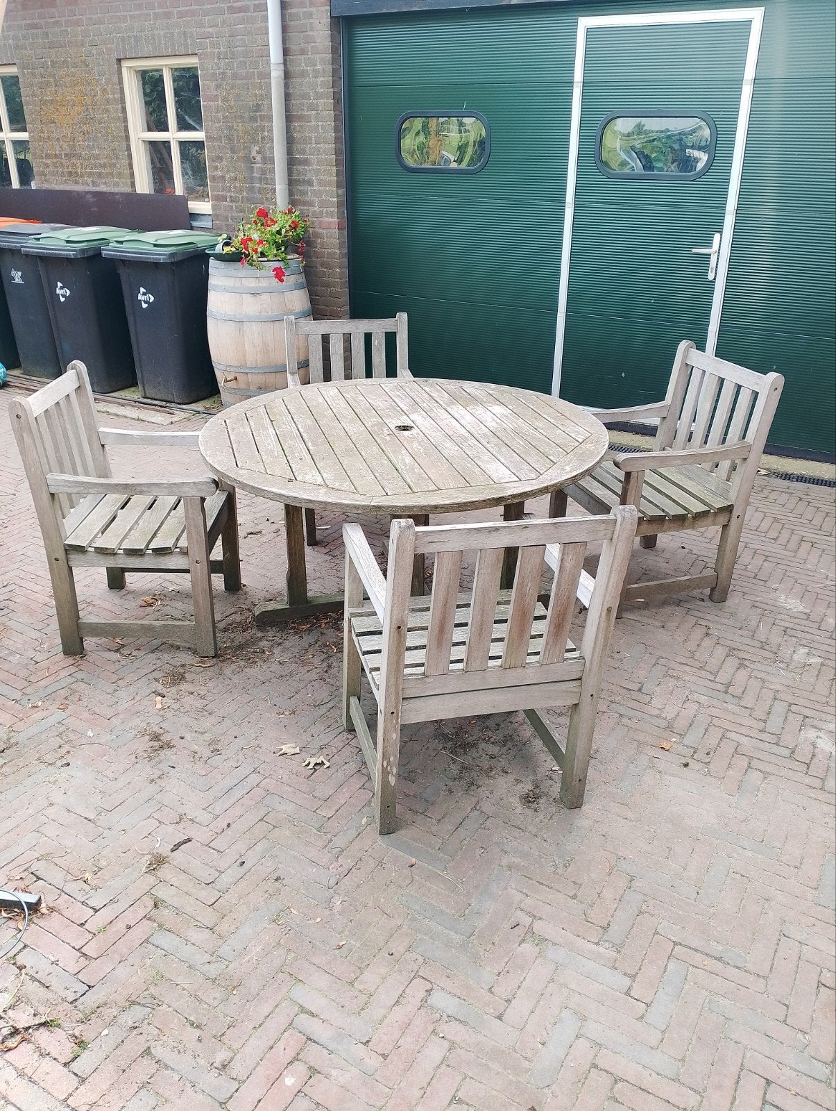 Teakhouten tuinset met ronde tafel en 4 stoelen, Tuin en Terras, Ophalen, 4 zitplaatsen, Gebruikt, Teakhout