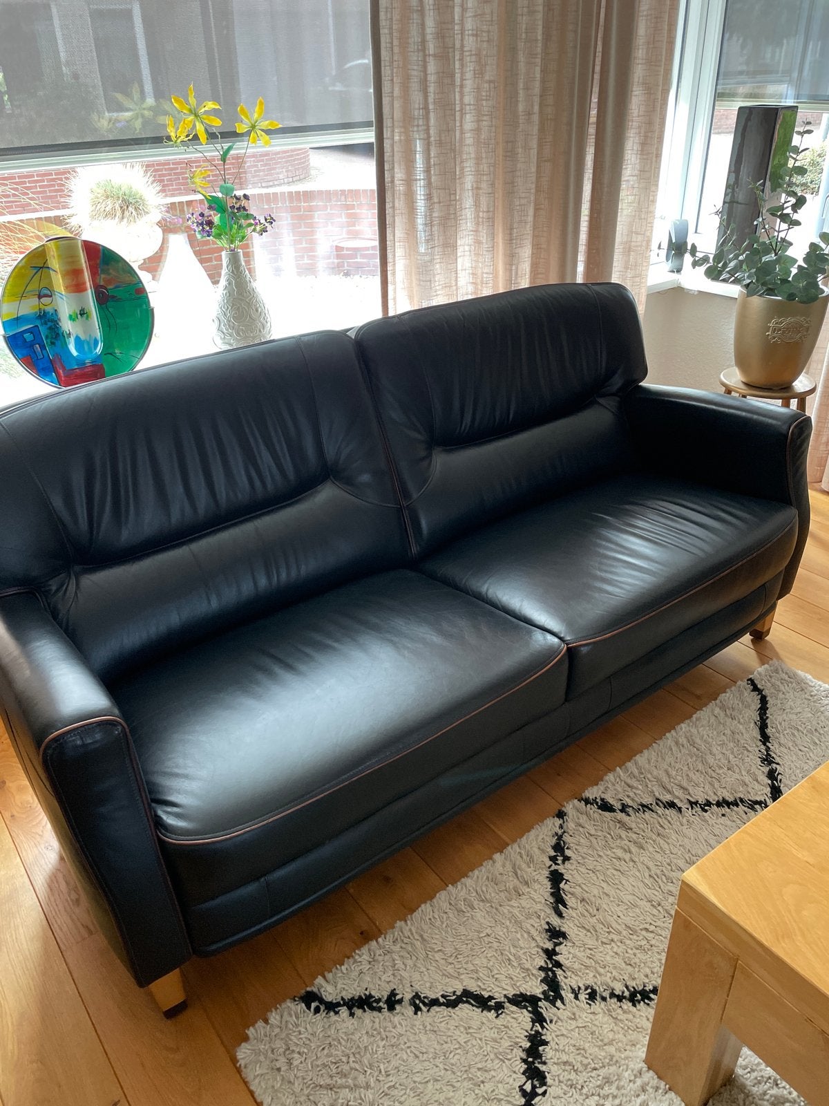 Leren bank en fauteuil - Zo goed als nieuw, Ophalen, Driepersoons, Zo goed als nieuw, Rechte bank