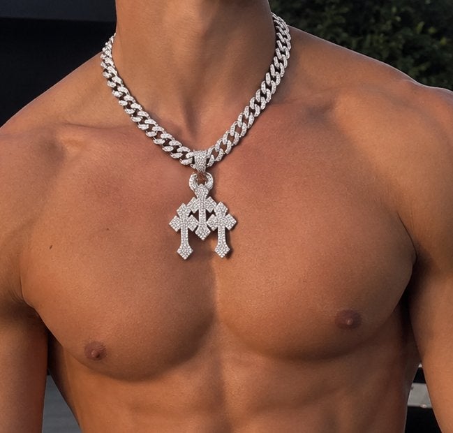 Heren ketting met hanger - Zilverkleurig met kristallen, Overige materialen, Verzenden, Nieuw, Met hanger