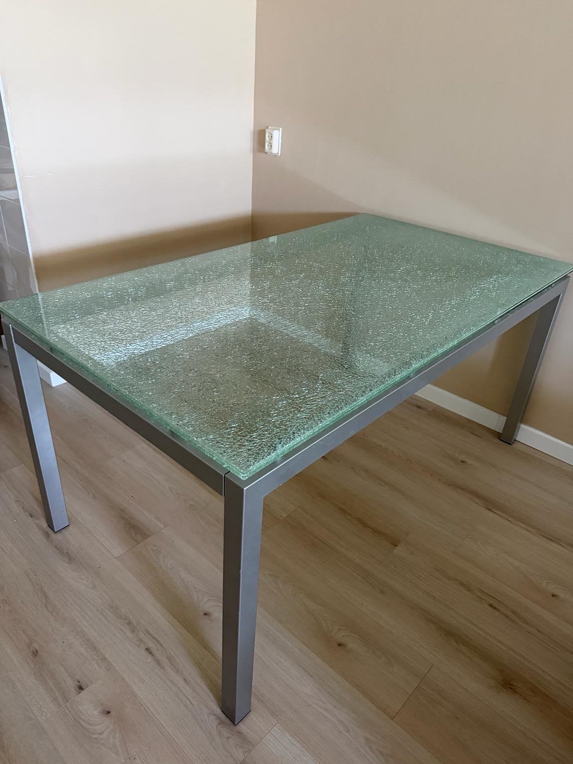 Glazen eettafel met metalen onderstel, Ophalen, Gebruikt, 50 tot 100 cm, Glas