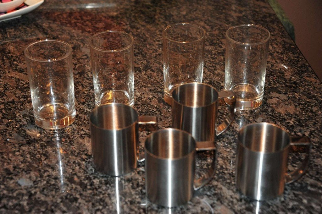 4 st. Orig. "ZACK DESIGN" RVS houders voor theeglazen, Gebruikt, Ophalen of Verzenden, Overige stijlen, Overige materialen