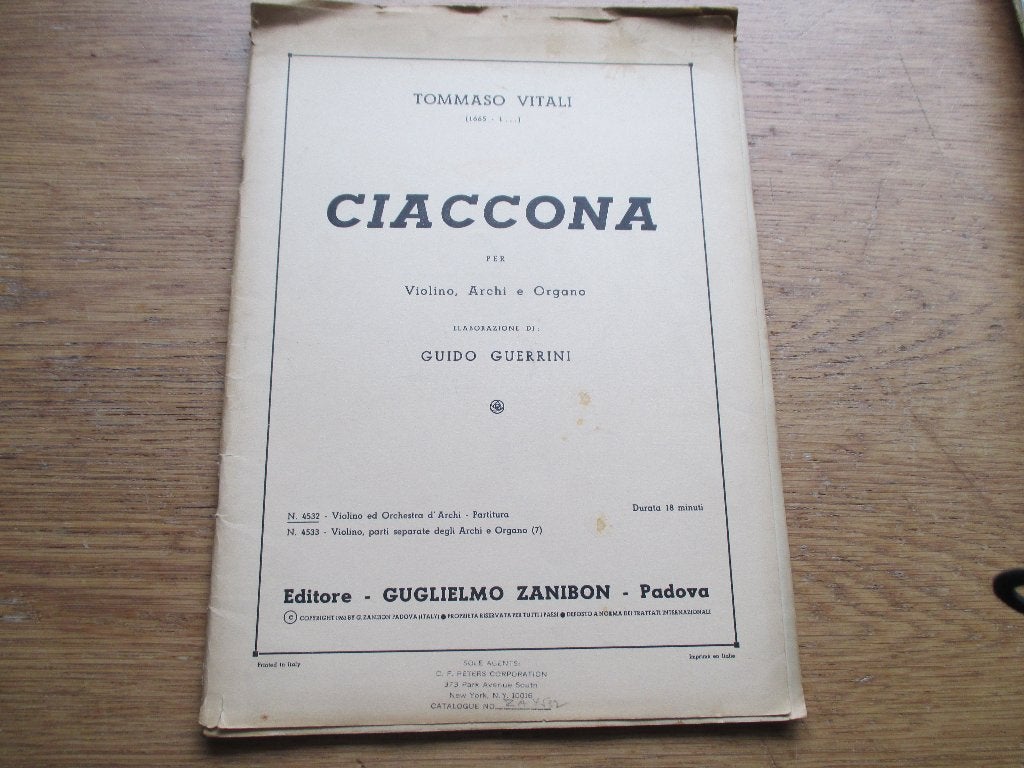 Tommaso Vitali - Ciaccona voor Viool, Archi en Orgel, Gebruikt, Klassiek, Ophalen of Verzenden, Thema