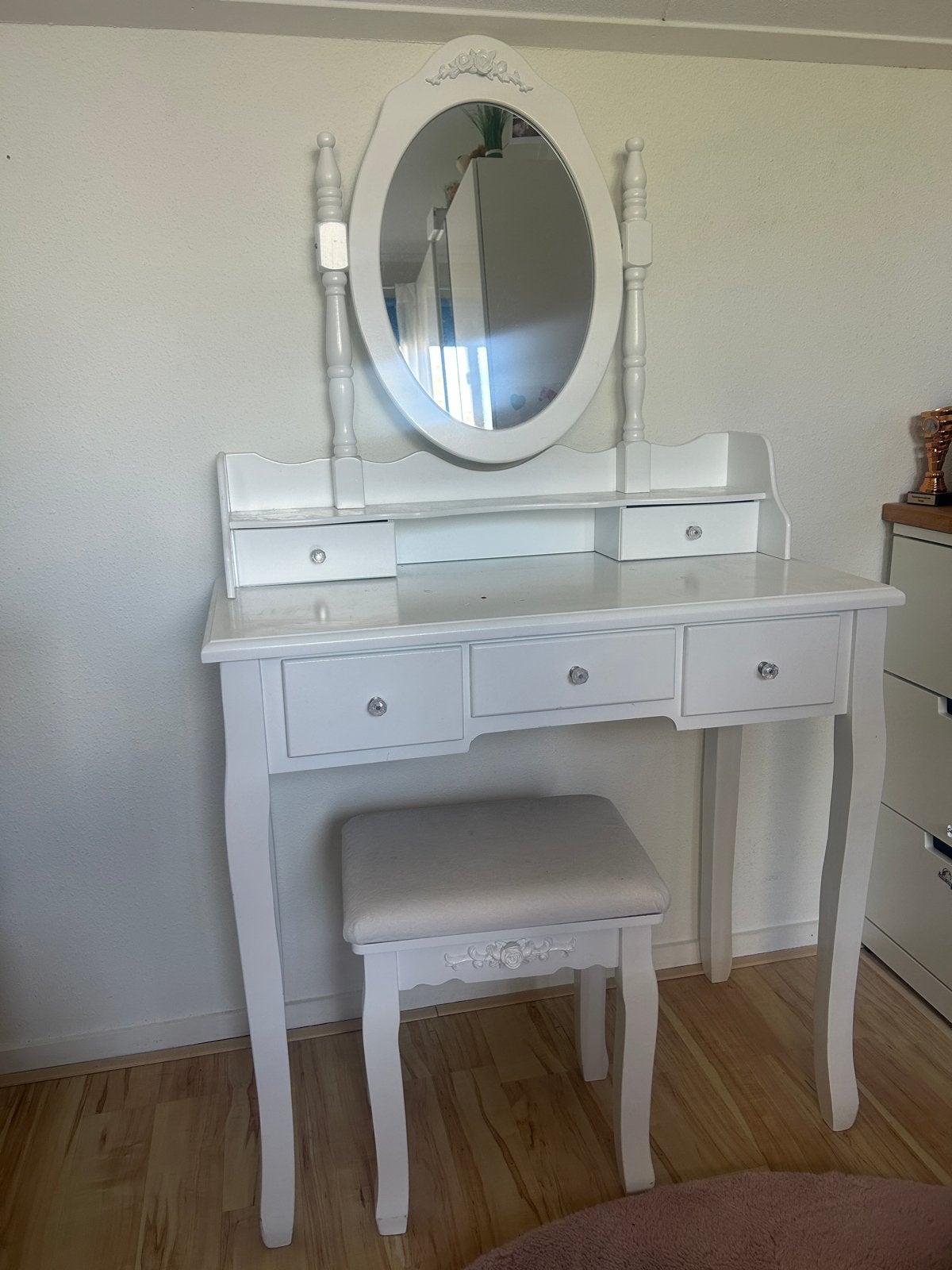 Witte kaptafel met spiegel en krukje, Ophalen, Gebruikt, 100 tot 150 cm, 50 tot 100 cm