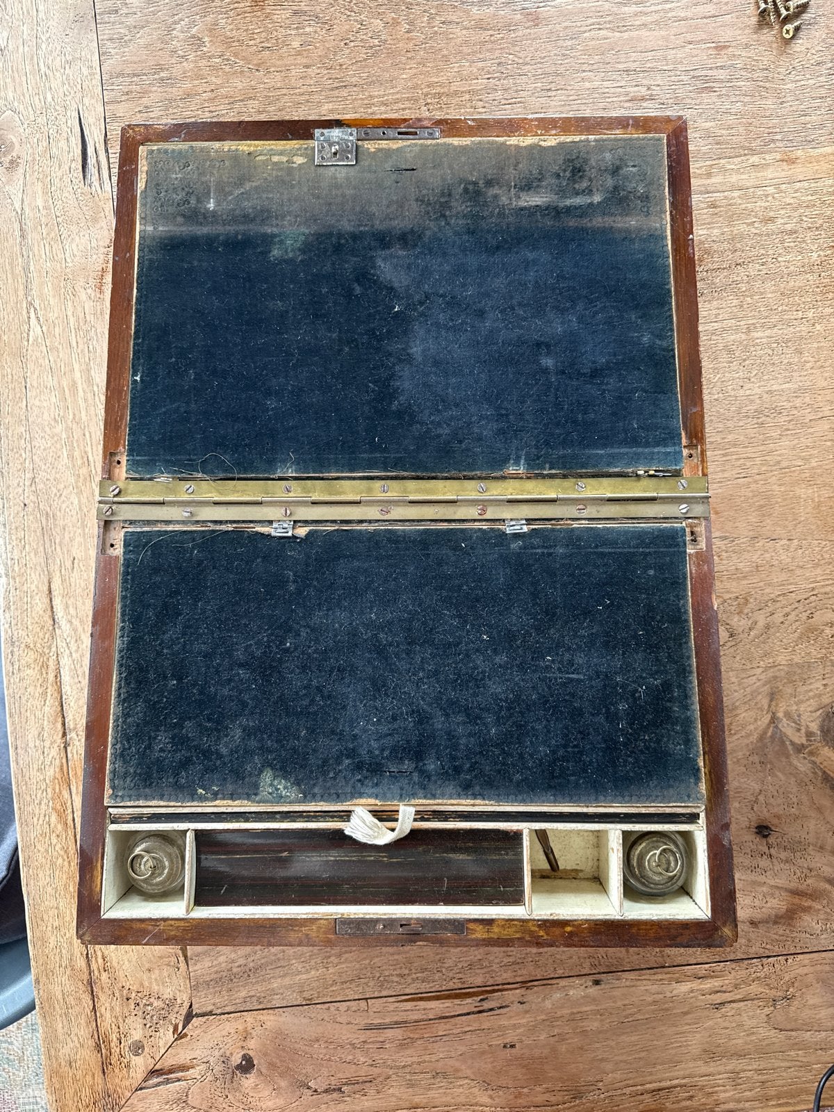 Antieke houten schrijfdoos met inktpotten, Ophalen of Verzenden