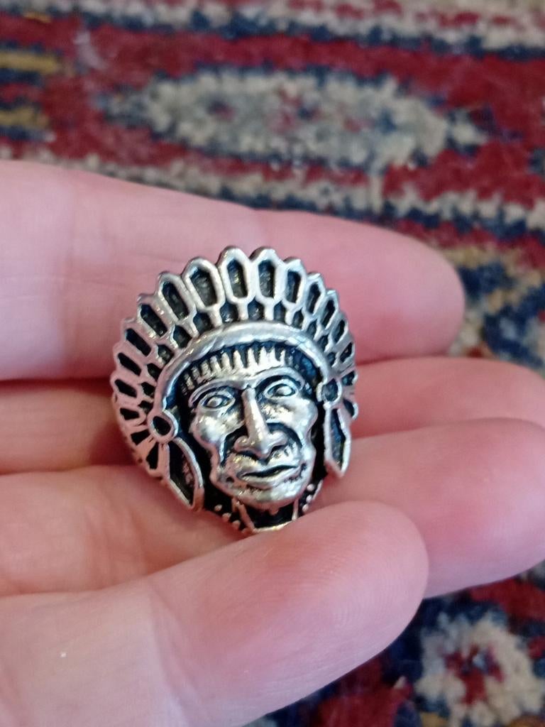 Stoere Indianen Hoofd Ring - Maat 18, IJzer, IJzer of Staal, Ophalen of Verzenden, Zo goed als nieuw, 17 tot 18