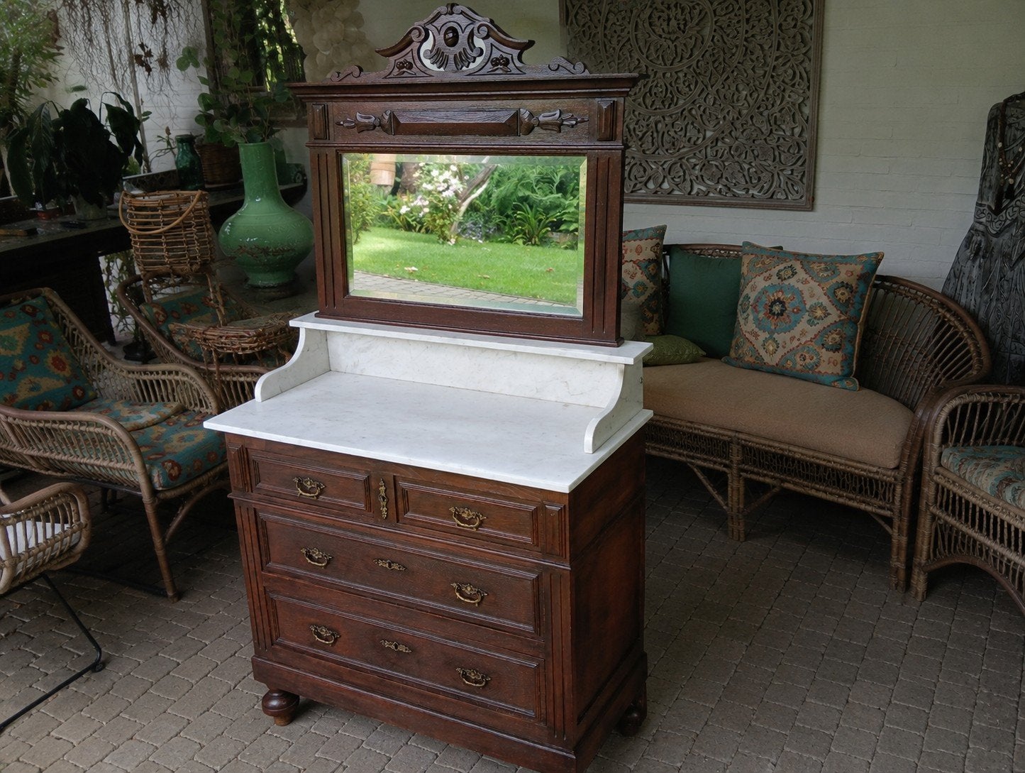 Antieke ladenkast dressoir marmer blad spiegel badkamermeube, Ophalen