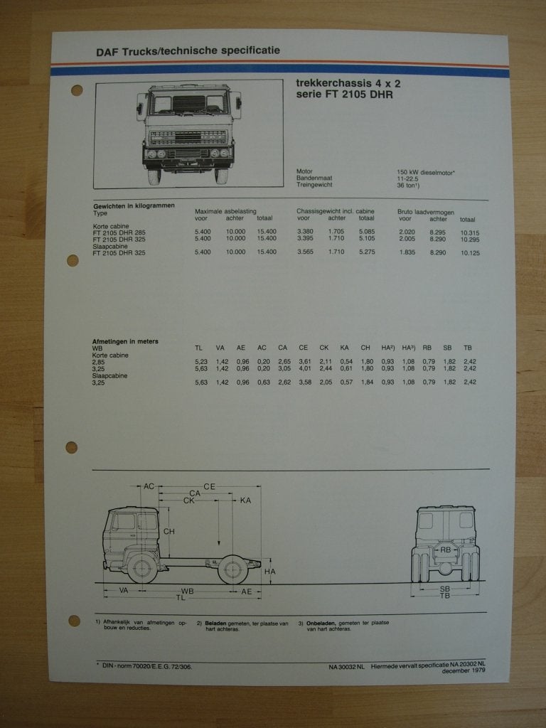 DAF FT 2100 DHR Technische Specificatie folder 1979 - 4x2, Ophalen of Verzenden, Zo goed als nieuw, Overige merken, DAF