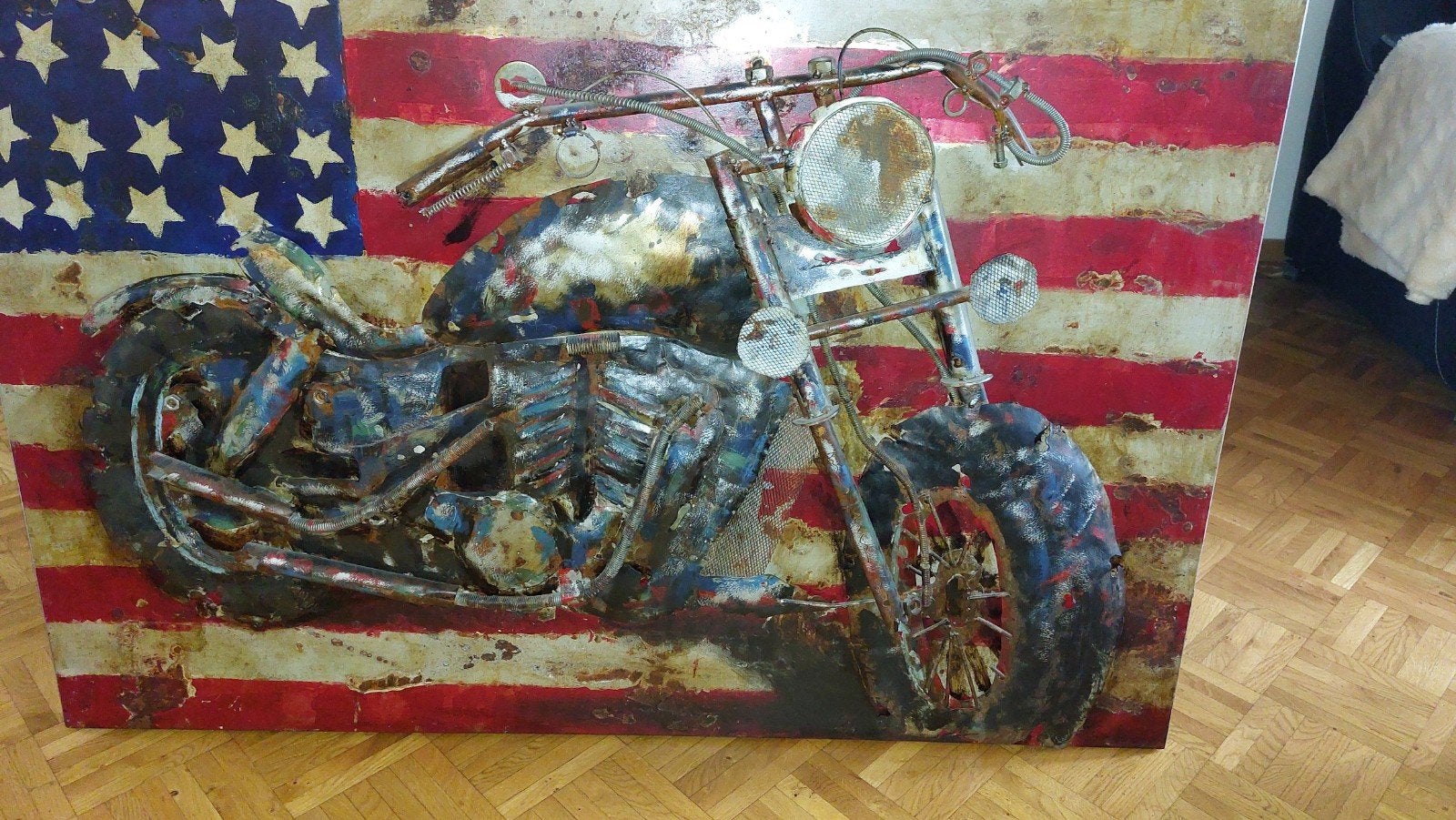 Uniek 3D Metalen Kunstwerk: Motor op Amerikaanse Vlag, Ophalen