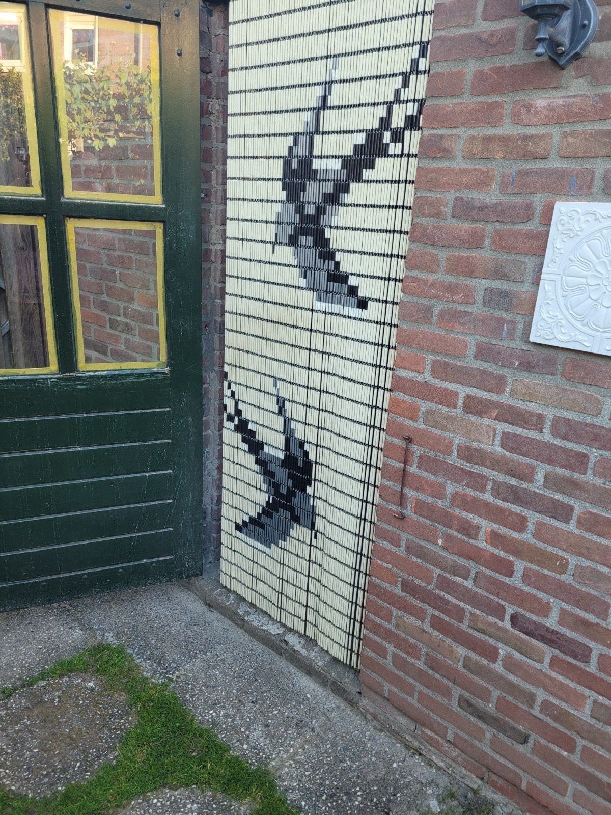 Kralen hulzen deurgordijn met zwaluwen - 2.10m x 0.80m, Huis en Inrichting, Ophalen, Gebruikt, Beige, Natuurlijk materiaal