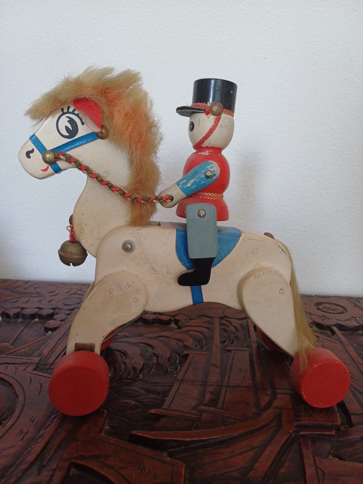 antiek houten paard met ruiter speelgoed, Ophalen of Verzenden